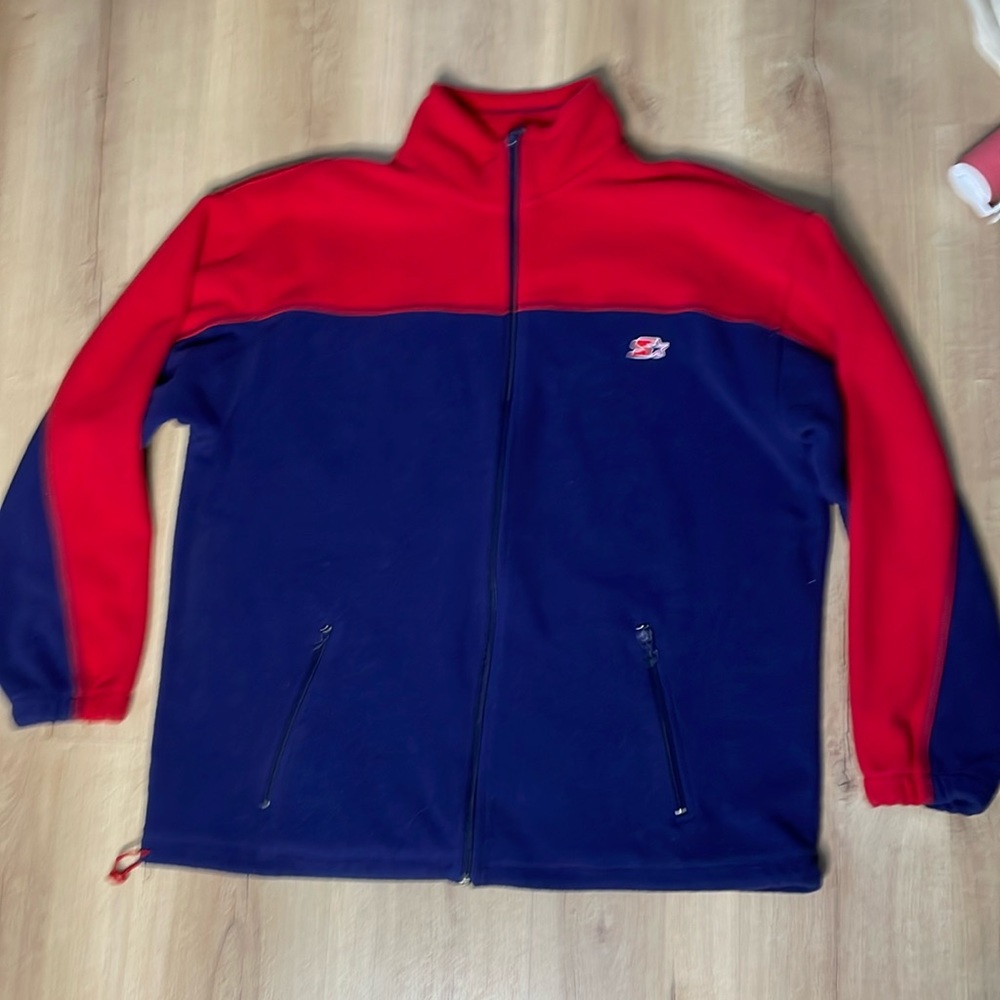 Vintage Y2K Red and Blue Starter Fleece. Size Large. Missing zipper pulls